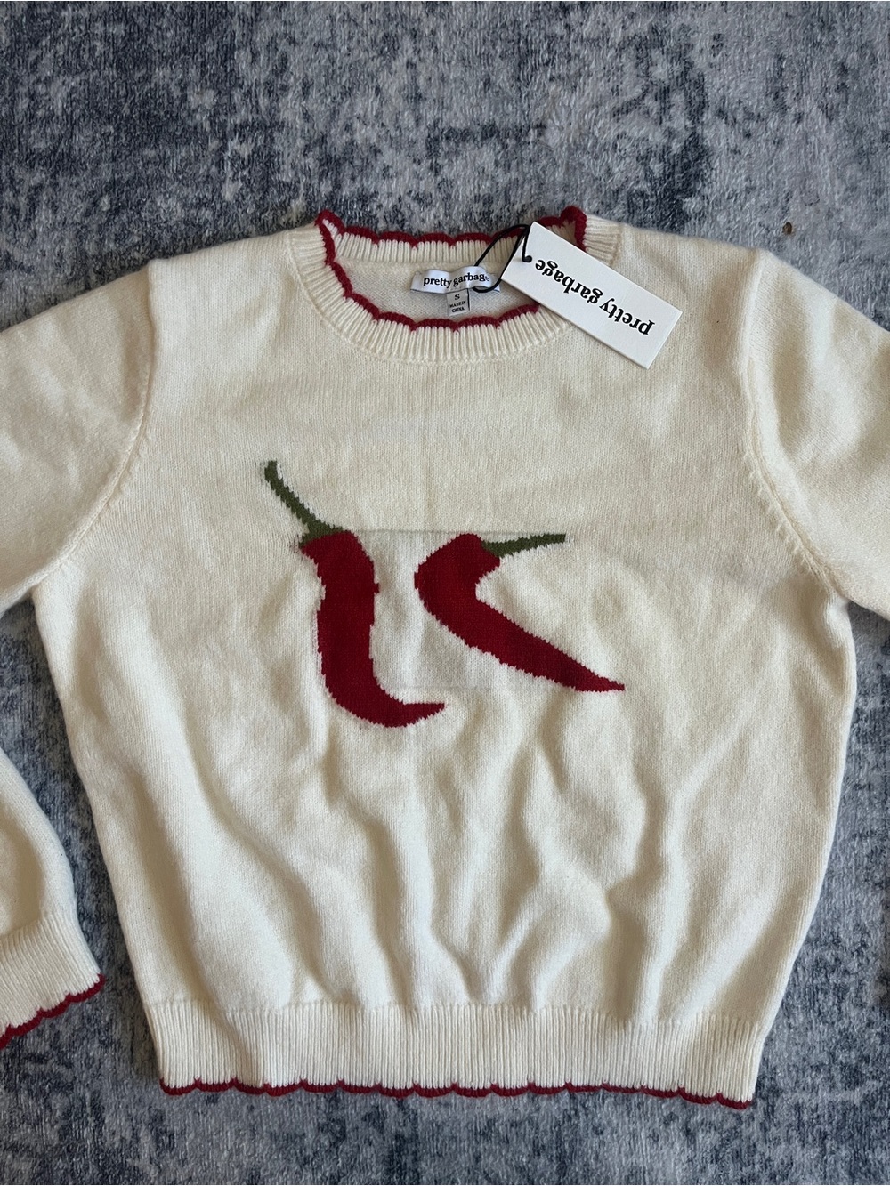 NWT Pretty Garbage Cream Knit Sweater with Red Chili